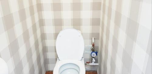 モスクワにあるАпартаменты Серпуховскаяのチェッカー仕様の壁のバスルーム(白いトイレ付)