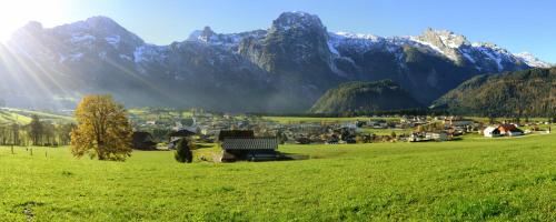 a green field with a village in front of mountains at Haus Panoramablick in Abtenau