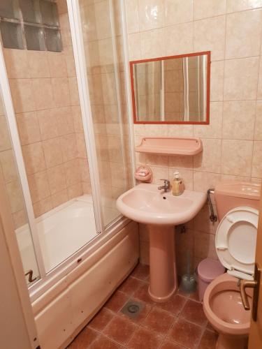 uma casa de banho com um WC, um lavatório e um chuveiro em Hostel Gonzo em Sarajevo