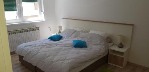 a bed with two blue pillows on it in a bedroom at Apartment Petra in Szlatina