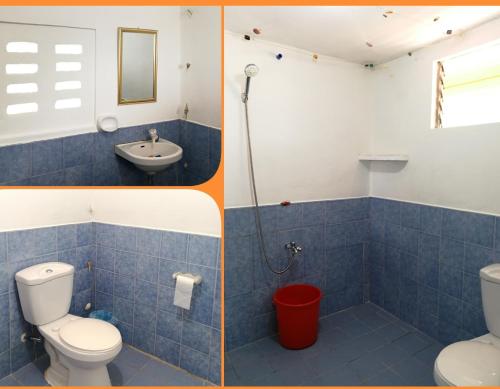 two pictures of a bathroom with a toilet and a sink at Villa Carillo Beach Resort in Placer