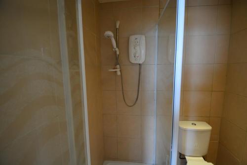 a bathroom with a shower with a toilet and a shower at Severn House in Watchet