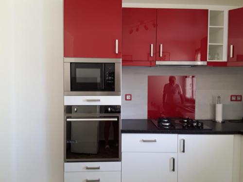 a red kitchen with white cabinets and appliances at Longecha in Villarly