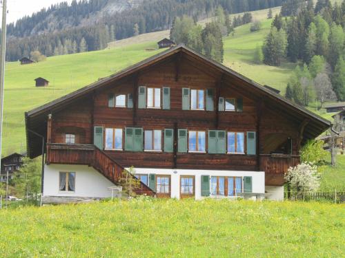 a large wooden house on a hill in a field at Gutenbrunnenstrasse 94 in Lenk