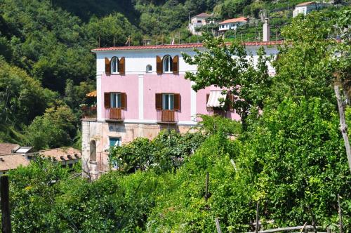 an old pink building in the middle of trees at Via Paradiso in Amalfi