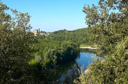 a view of a river with a castle in the background at Hôtel Restaurant Plaisance-Piscine couverte et chauffée- Proche Sarlat- in Vitrac