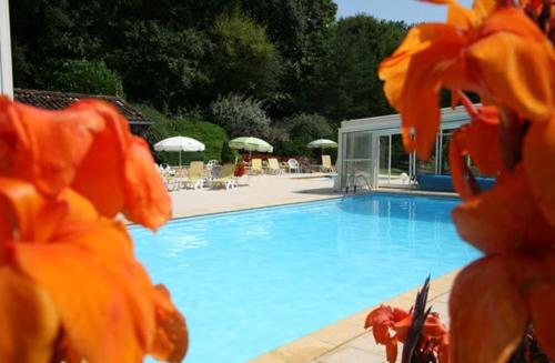 a swimming pool with orange flowers in front of it at Hôtel Restaurant Plaisance-Piscine couverte et chauffée- Proche Sarlat- in Vitrac