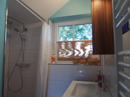 ein Bad mit einer Dusche, einem Waschbecken und einem Fenster in der Unterkunft Haus am Deich in Kollmar