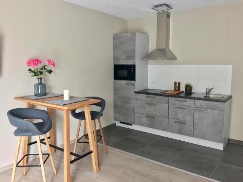 a kitchen with a table and two chairs and a sink at 2nd Home Appartements I in Nieder-Olm