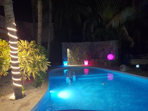 a swimming pool at night with lights around it at Villa Tourelle of Paradise with bigPrivate Pool in Rivière Noire