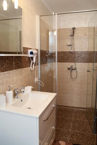 a bathroom with a sink and a shower at Oli House in Alba Iulia