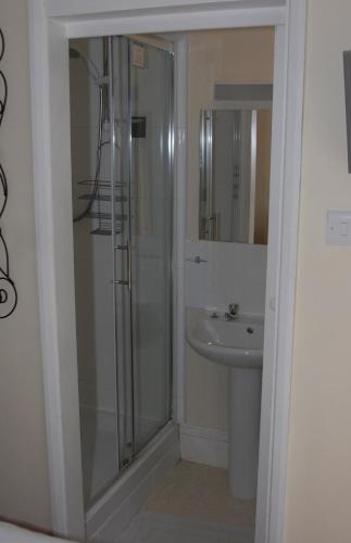 a bathroom with a shower and a sink at Marlborough Guest House B & B in Tenby