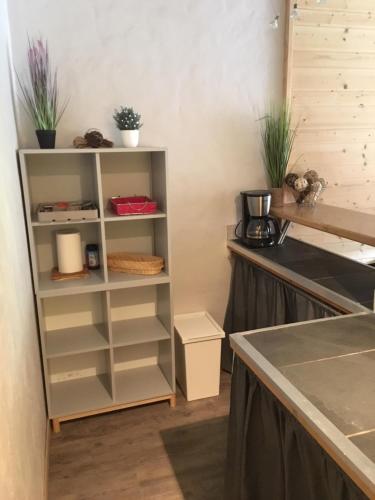 une cuisine avec étagères dans l'établissement Duplex Apartment Right At The Ski Lift Tracks, à Valmorel