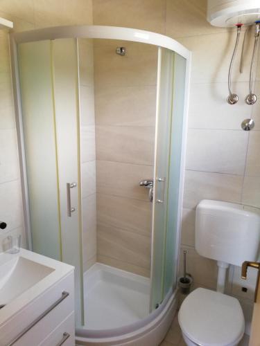 a bathroom with a shower with a toilet and a sink at Studio Apartment Sanja 2 in Neum
