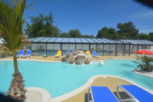 a large swimming pool with a palm tree and chairs at Lebraz 3 Appartement in Saint-Lunaire