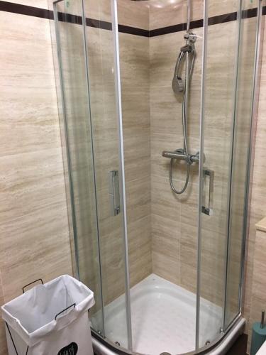 a shower with a glass door in a bathroom at Lugo 360 in Lugo