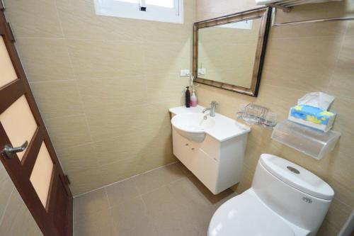 a bathroom with a toilet and a sink and a mirror at 世外桃園民宿 in Taitung City