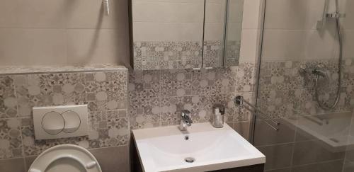 a bathroom with a sink and a toilet at Sport Hotel in Tatabánya