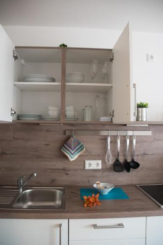 a kitchen with a sink and a counter with utensils at Moserhof-Apartments in Igersheim