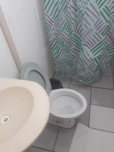 a bathroom with a white toilet and a green and white wall at Hotel Ideal Taubaté in Taubaté