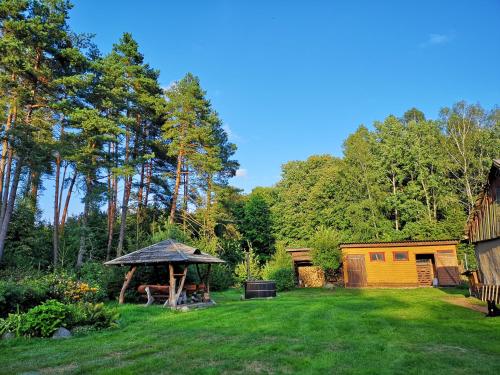 a yard with a gazebo and a cabin at Begedziu misko sodyba in Grynaičiai