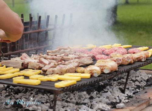 una parrilla con diferentes tipos de carne y hortalizas en Ca'Magnolia en Treviso