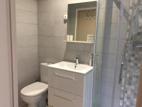 a bathroom with a toilet and a sink and a shower at Villa « CHANTERIE » in Villecroze
