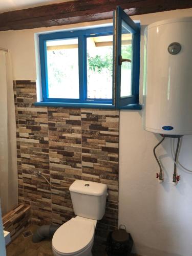 a bathroom with a toilet and a window at Casa Albastră in Băile Olăneşti