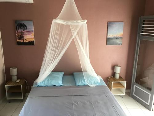 une chambre avec un lit avec moustiquaire dans l'établissement bienvenue à bord, à Saint-François