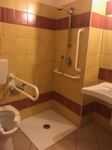 bagno con doccia e servizi igienici. di Albergo e Ostello della gioventù Biella centro storico a Biella