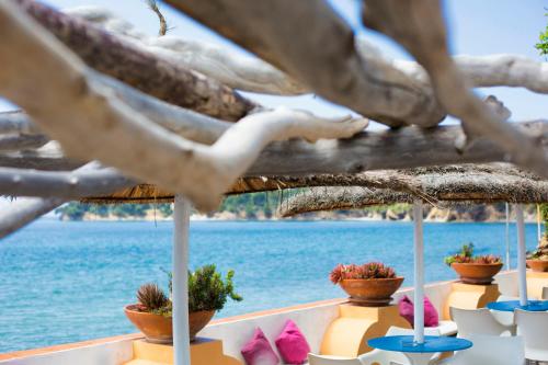 a table with potted plants on it next to the water at Il Cefalo Hotel & Restaurant in Castellabate