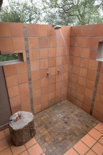 an orange tiled shower with a tree stump in it at Toro Yaka Bush Lodge in Hoedspruit