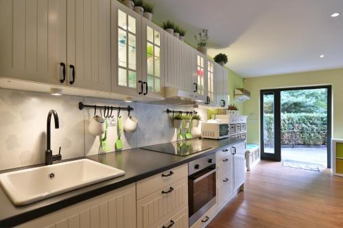 a kitchen with a sink and a counter top at Penzion - Rybolov pro děti a dospělé in Lázně Bohdaneč