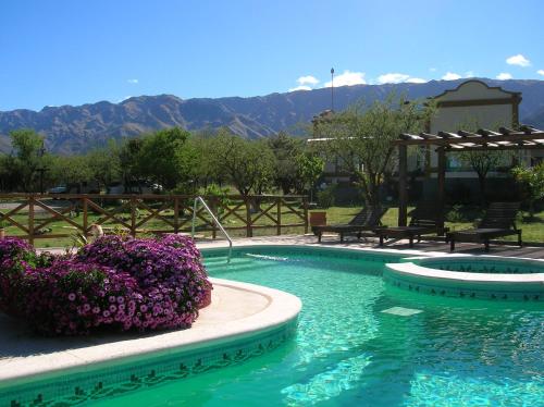 a swimming pool with some purple flowers in it at Posada Los Antiguos-Adults Only in Merlo