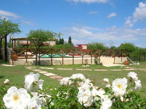 a garden with white flowers in front of a pool at Posada Los Antiguos-Adults Only in Merlo
