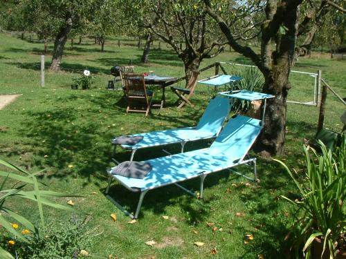 two blue chairs and a table and a tree at Ferienwohnung Woid Mandl in Velden am Wörthersee