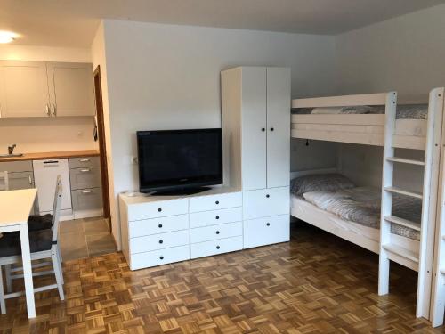 Zimmer mit 2 Etagenbetten und einem TV in der Unterkunft Apartma Vintage Bohinj in Bohinj