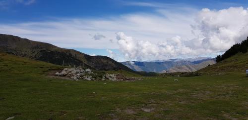 a field of grass with mountains in the background at Apartaments Bonet in Pal
