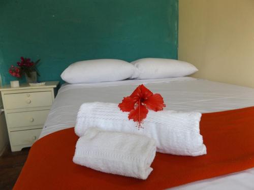 Una cama con toallas blancas y una flor roja. en Buganvilla Guest House en Ballenita