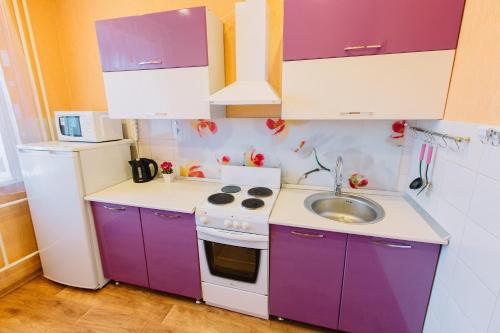 トムスクにあるАпартаменты Елизаровых 10の小さなキッチン(紫色のキャビネット、シンク付)