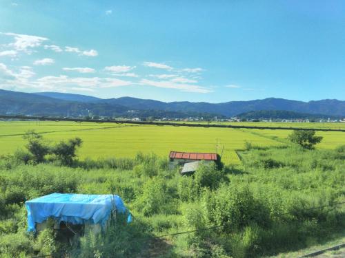 a view of a field with a blue tarp at Guest House Hostel yukuru in Iiyama