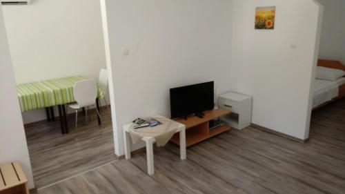 a small living room with a tv and a table at SerendipitY DubrOvniK CentrE-Free parkinG in Dubrovnik