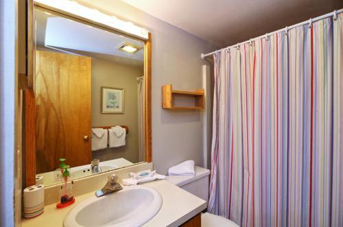 a bathroom with a sink and a shower curtain at Pinnacle E15 in Killington