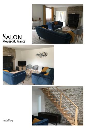 a collage of two pictures of a living room at Ty Theven in Plouescat