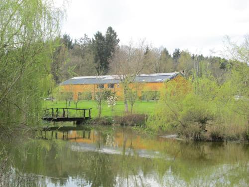 a wooden bridge over a river with a building in the background at Florennes Gîte neuf 150 M2 devant un grand lac privé de 2 hectares poissonneux au milieu des bois in Florennes