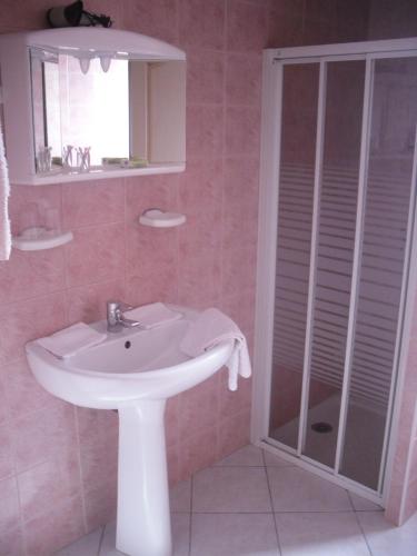 a bathroom with a white sink and a shower at Domaine de la Pendule in Issel
