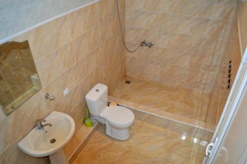 a bathroom with a toilet and a sink and a shower at Hotel Tedi in Kvareli