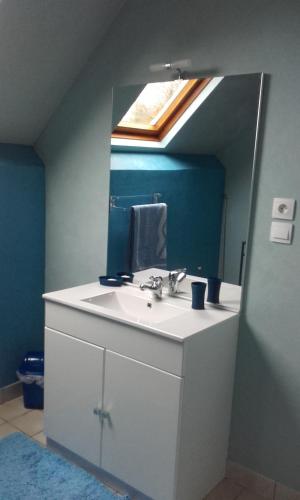 une salle de bain avec un lavabo et un miroir dans l'établissement Les Hortensias, à Saint-Pierre-de-Plesguen