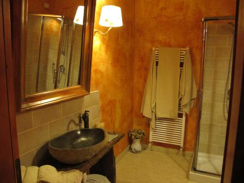 a bathroom with a sink and a mirror and a shower at Oasi Galbusera Bianca in Rovagnate
