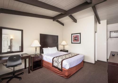a hotel room with a bed and a desk and a mirror at Thunderbird Lodge in Redding